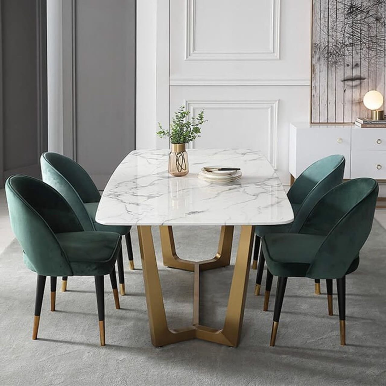 caw11.jpeg Ophelia Angular Gold Base Dining Table with 4 Velvet Chairs - Image 1