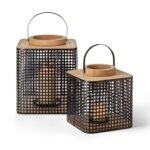 Modern Grid Metal & Wood Lanterns - Set of 2